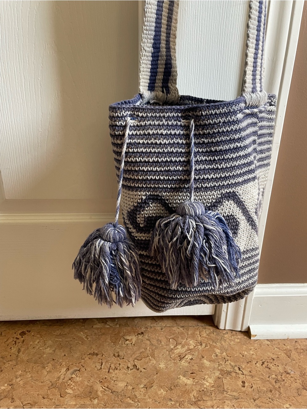 Blue and White Woven Bucket Bag